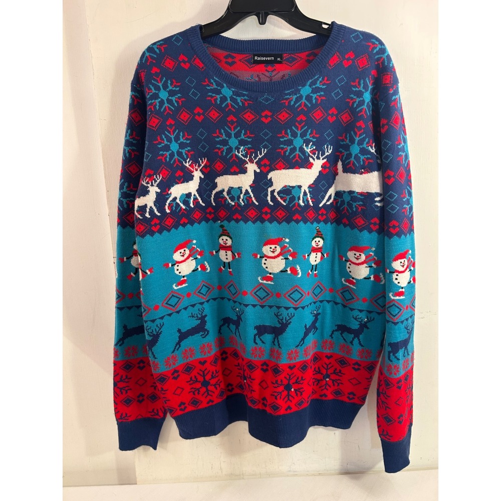 Raisevern Christmas Sweater XL Blue Red Snowman Reindeer Fair Isle Mens